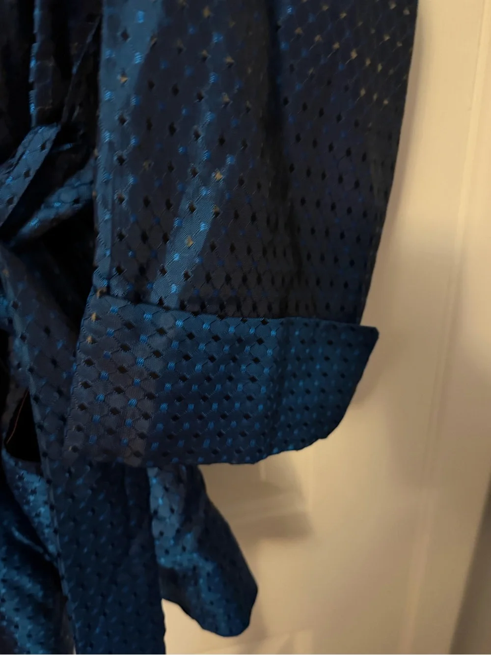 Vintage Smoking jacket Blue Textured Satin Tie-Waist Jacket size Medium